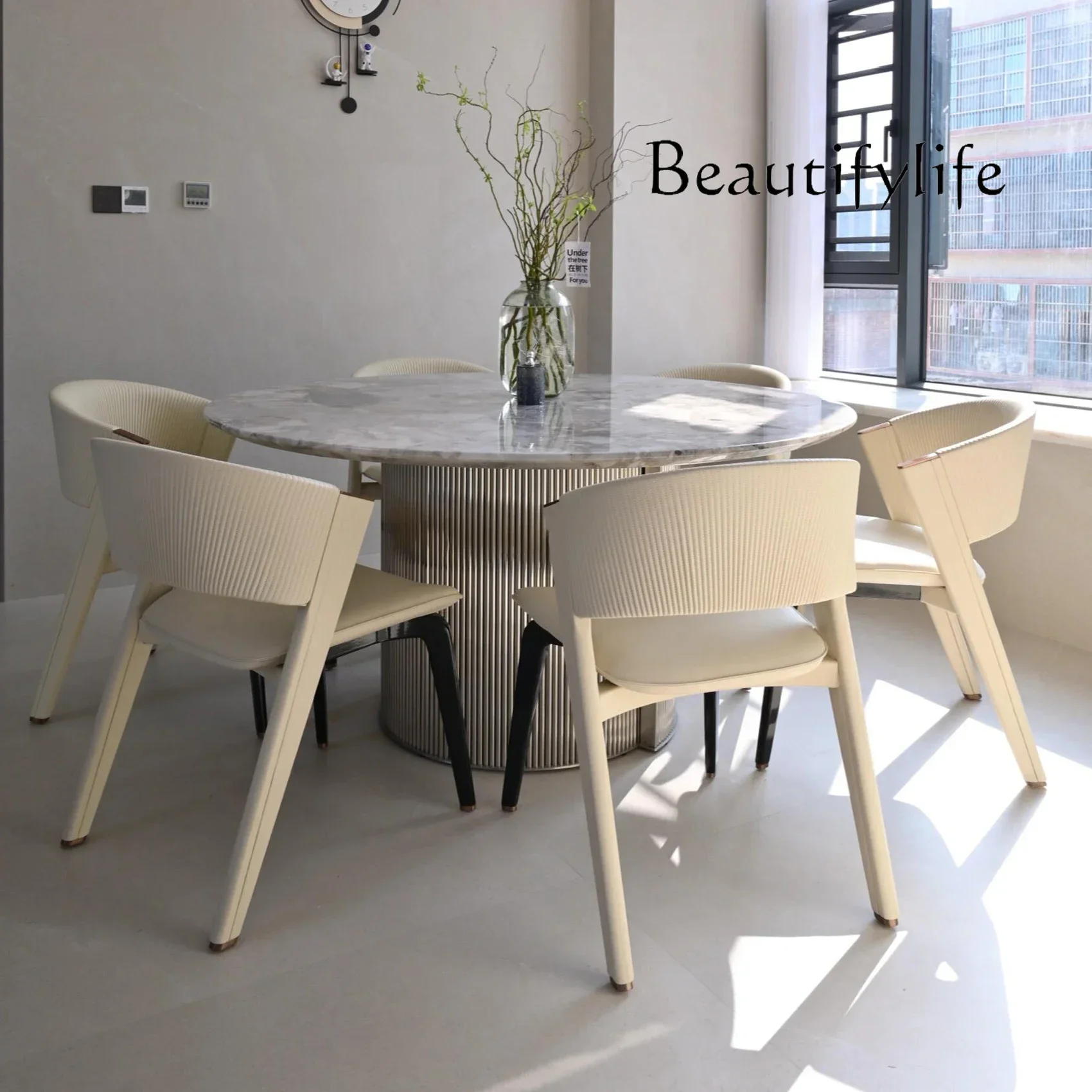 

C10 Natural Gray Marble Dining Table High-end Villa Large Flat Custom Luxury Stone Round Dining Table