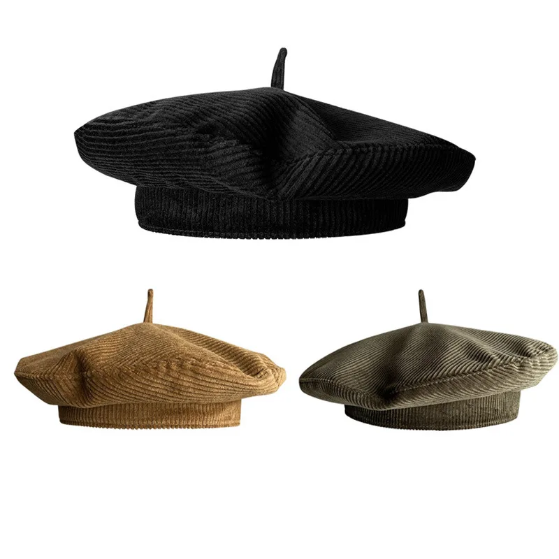 Autumn Winter Fashion Corduroy Black Beret Versatile Stylish Flying Saucer Hat Elegant Painter Cap Fashion Headwear for Women