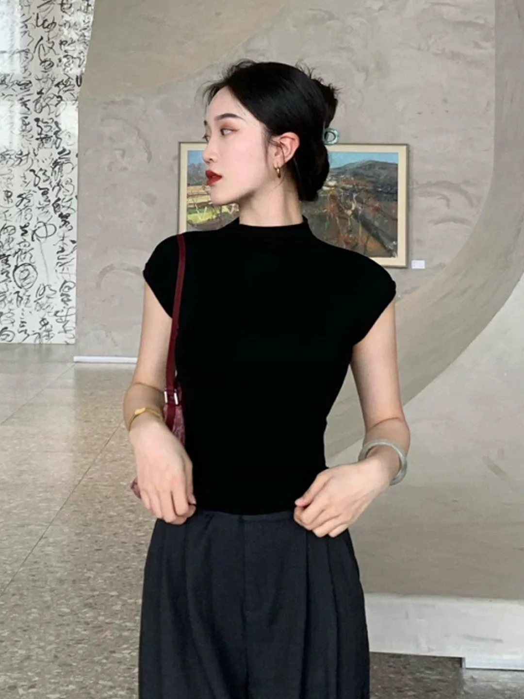 Black Ice Silk Knitted Short Sleeve T-Shirt Women's Summer Slim Fit Versatile Top Half High Collar Korean Style Soft Cotton