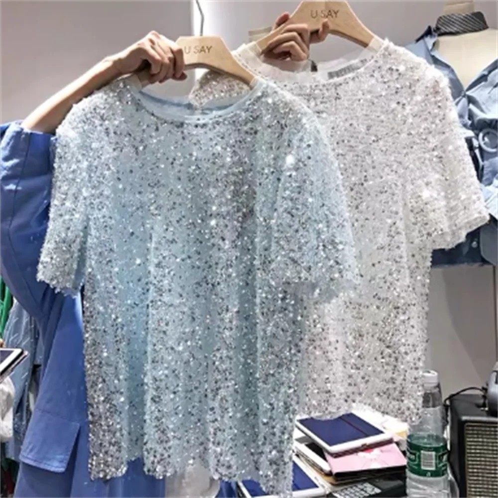 

New net gauze sequin short-sleeved T-shirt female shiny top double layer Sequins women