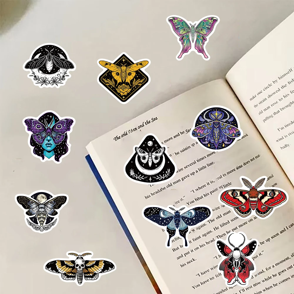 50PCS The Moon and Moth Print Stickers Notebook Aesthetic Laptop Luggage Coffee Guitar Cool Guitar Phone Suitcase Sticker