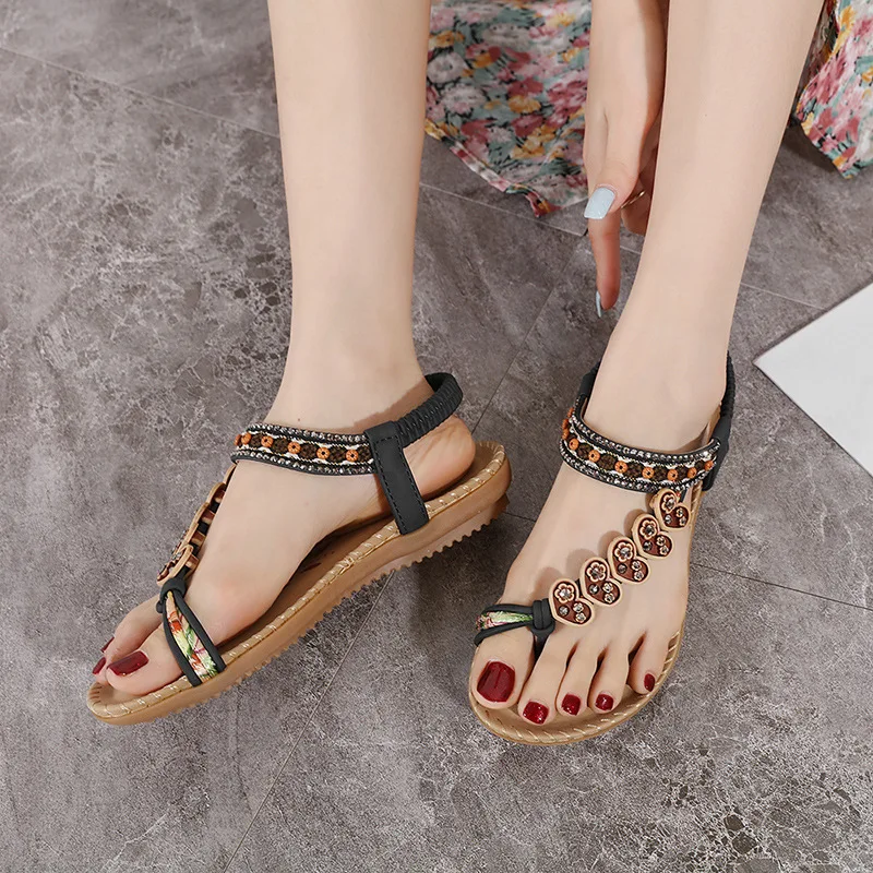 Women Enthic String Bead Sandals Zoriss Shoes Rome Style Spongy Insole For Tendy Feet Flat Eleastic Band Tacons Brown Black