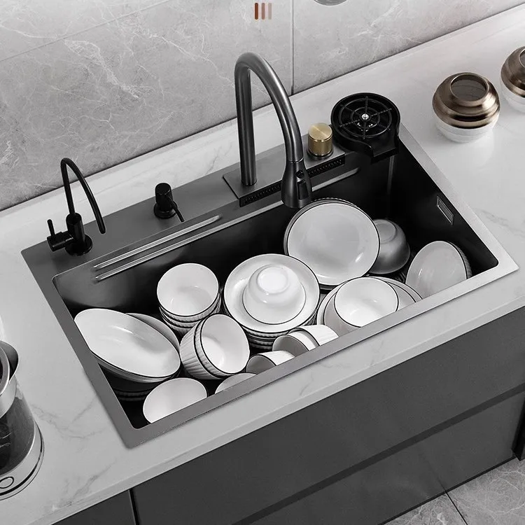 طقم حوض مطبخ ستانلس ستيل وعاء واحد مصنوع يدويًا 304 غسيل أطباق لوح تصريف شلال حوض غسيل الخضروات #5