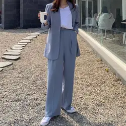Two Piece Set Trousers Suit Korean Autumn Retro Haze Blue Three Button High Waist Straight Leg Pants Female
