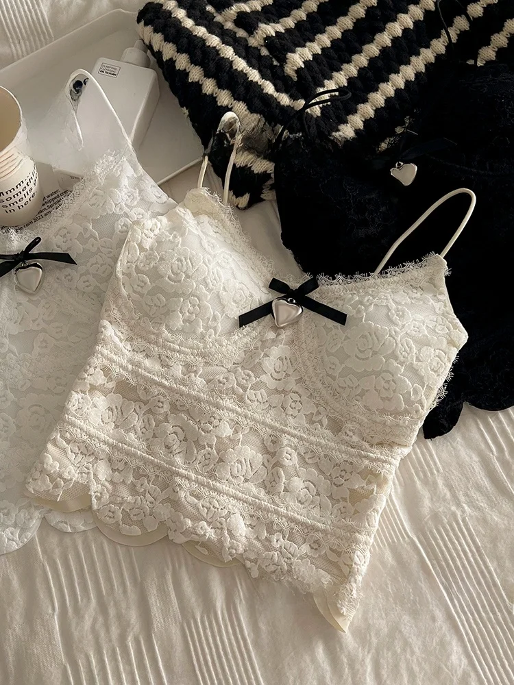 Spring Summer New Lace Strap Vest Women's Built-in Chest Pad  Knot outside Wear inside Match Base Beautiful Back Shirt