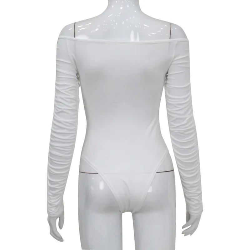 Combinaison élégante à épaules dénudées, col en V, manches longues froncées, taille haute, ajustée, pour soirée de fête