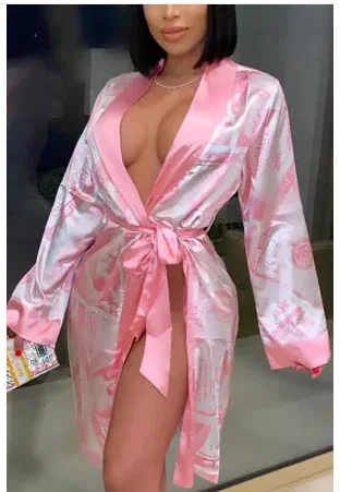 Women s Dollars Money Print Satin Robes Kimono Bridesmaids Bride Party Short Lingerie Robes Loungewear