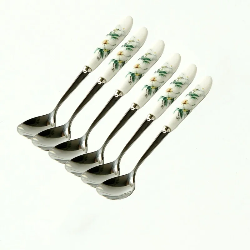 Stainless Steel Coffee Spoon Set, Teaware, Teaspoon with Ceramic Handle, Flower Tea Teaware Accessory, 6PCs