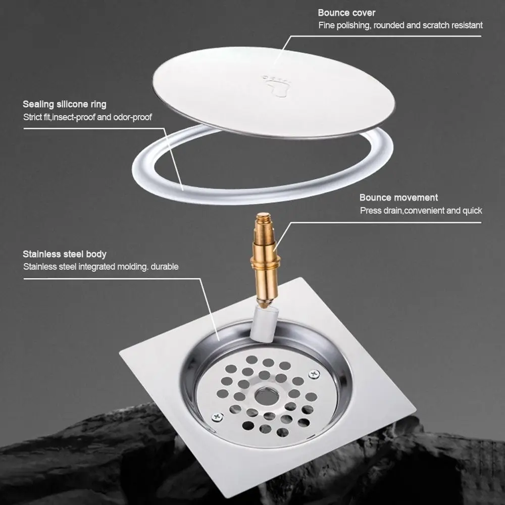 Stainless Steel Press-Type Floor Drain Pedal Type Square Sewer Floor Strainer Pop Up Bounce Removable Shower Foot Floor Drain