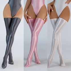 Women Sexy Silky Touch Thigh High Stockings Thin Breathable Intimate Underwear Oil Shiny Pole Dance Clubwear