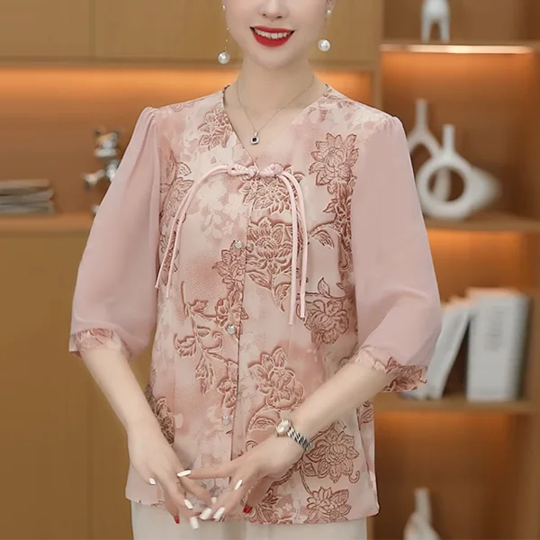 

Elegant Mom Shirt New Mid-Aged Women's Summer Chinese Style Sleeve Top Blouse