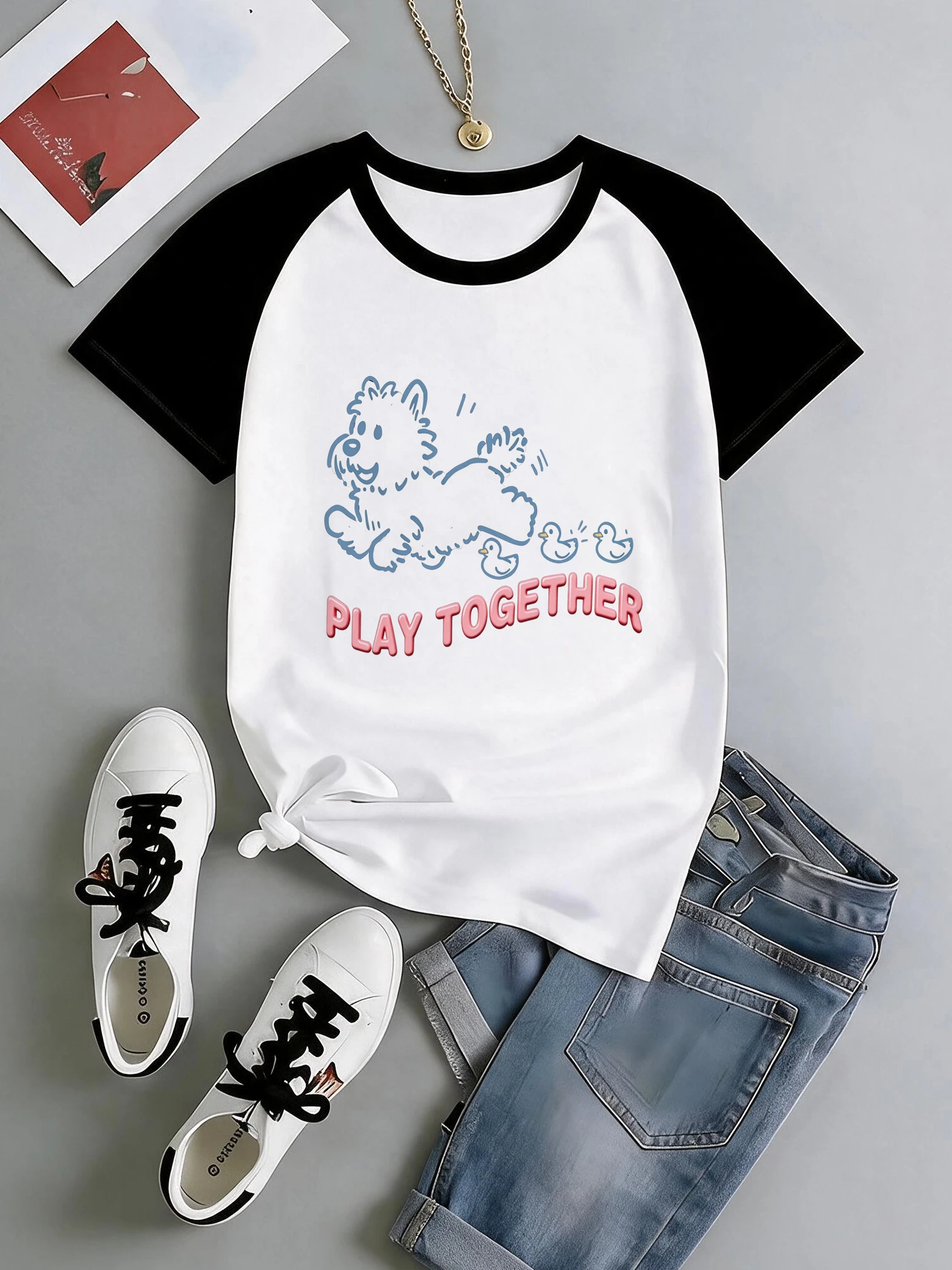 A Puppy Playing with Some Ducks Print Funny Tops Casual Vintage Raglan Short Sleeve T Shirt Cute T-shirt Clothes Female Outfit