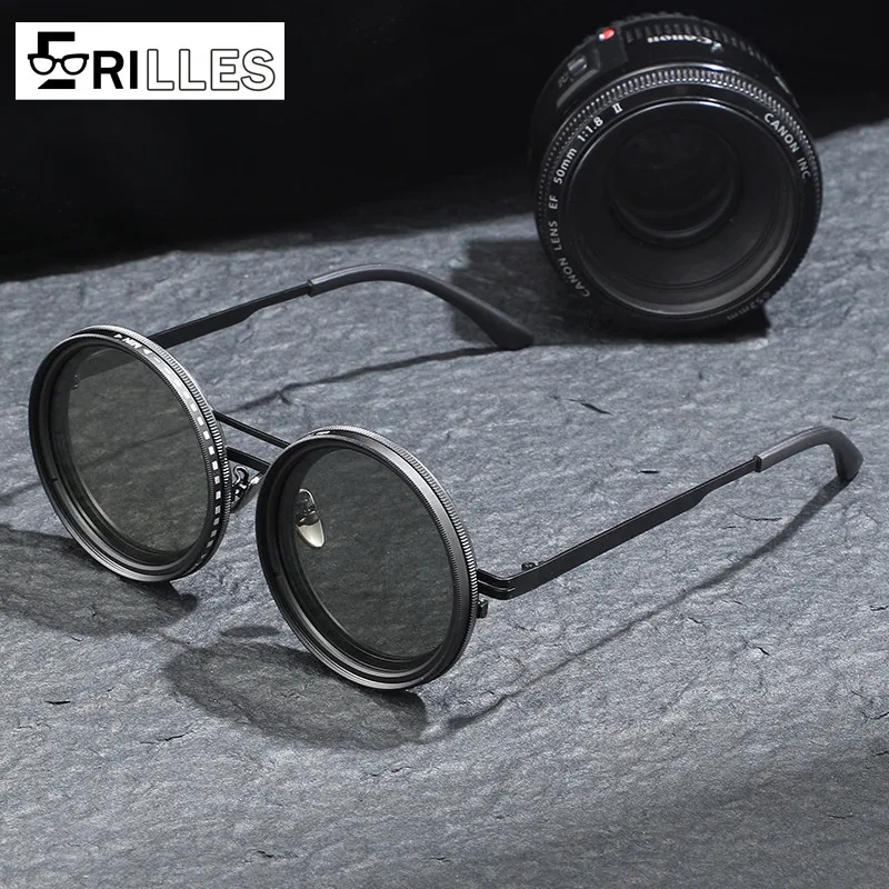 Adjustable ND Steampunk Sunglasses, 9-Grade Rotatable Filter, Polarized Round Frame UV400, Retro Vintage Eyewear Gift