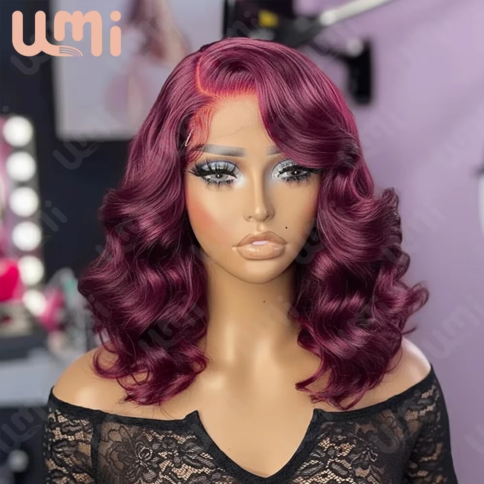 

Короткий парик боб из 100% натуральных волос, бордовый, 13x4 HD, с кружевной передней частью, свободные глубокие волны, парик боб 99J для женщин, парик с кружевом, плотность 250%