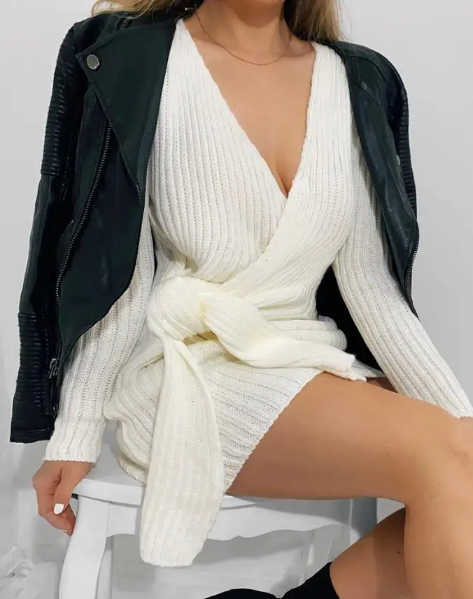 

Elegant Sexy Mini Dresses for Women 2024 Spring Autumn Solid Color V-Neck Knit Long Sleeve Knotted Knit Daily Party A Line Dress