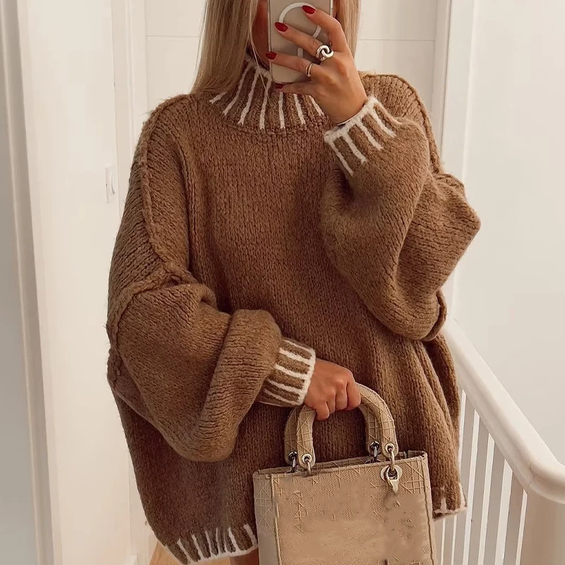 Casual All-match Spliced Knitted Bottom Shirt Autumn Winter Soft Turtleneck Tops Pullover Fashion Striped Contrast Women Sweater