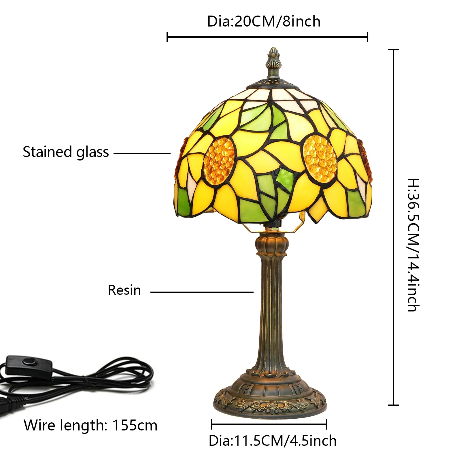 8 Inch 20cm Tiffany Stained Glass Table Lamp Warm Color Leaves Sunflower Lampshade Bedroom Bedside Desk Lamp