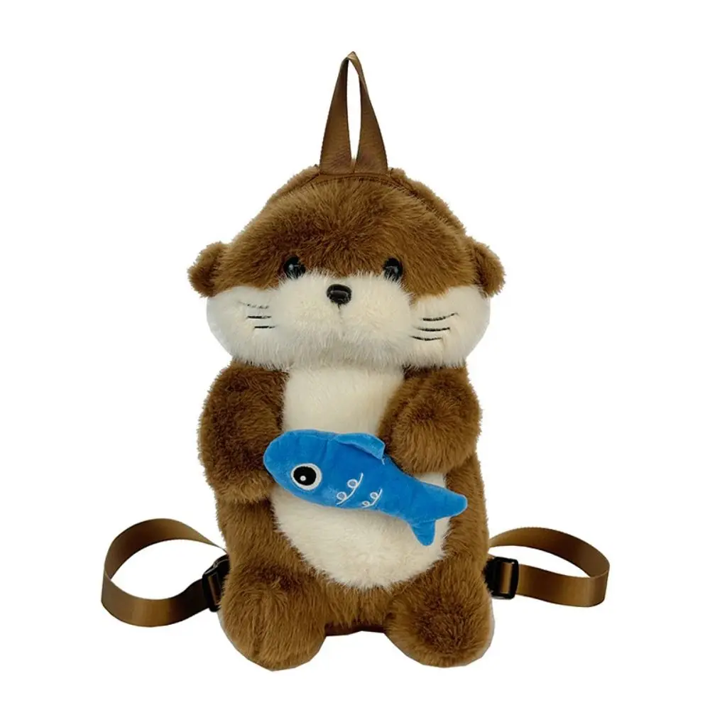 Adorable Otter Backpack Realistic Look Fluffy Simulation Animal Shoulder Bag Soft Holding Fish Student School Bag Casual Use