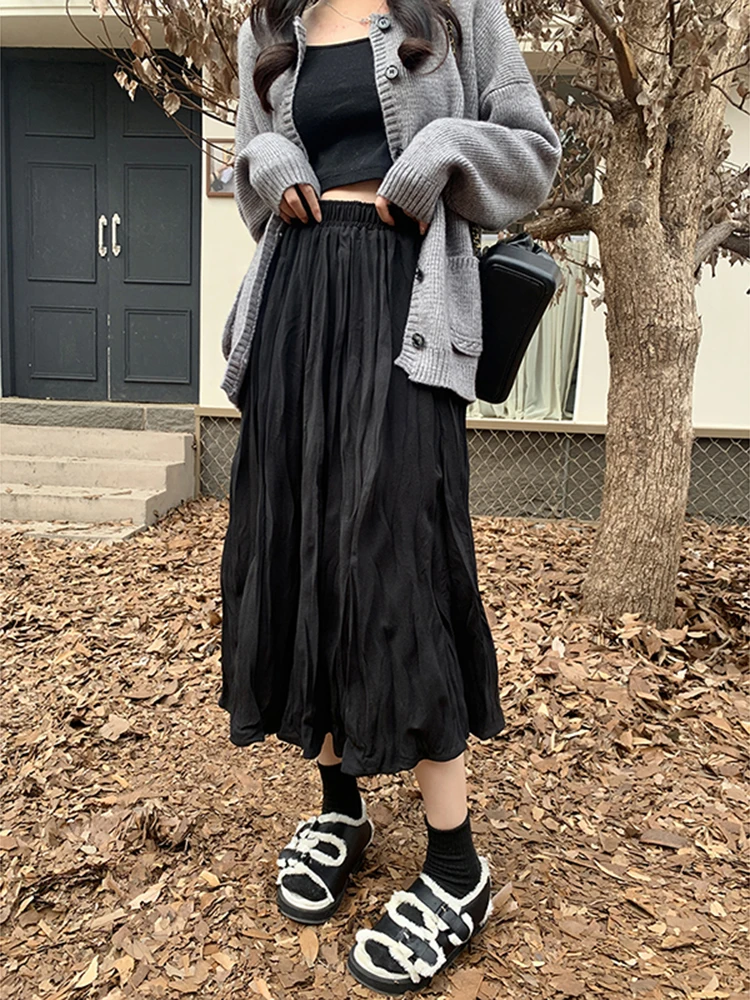 

Ele плиссированная юбка трапециевидной формы, женская длинная юбка больших размеров с эластичной резинкой на талии и высокой талией для похудения, закрывающая бедра