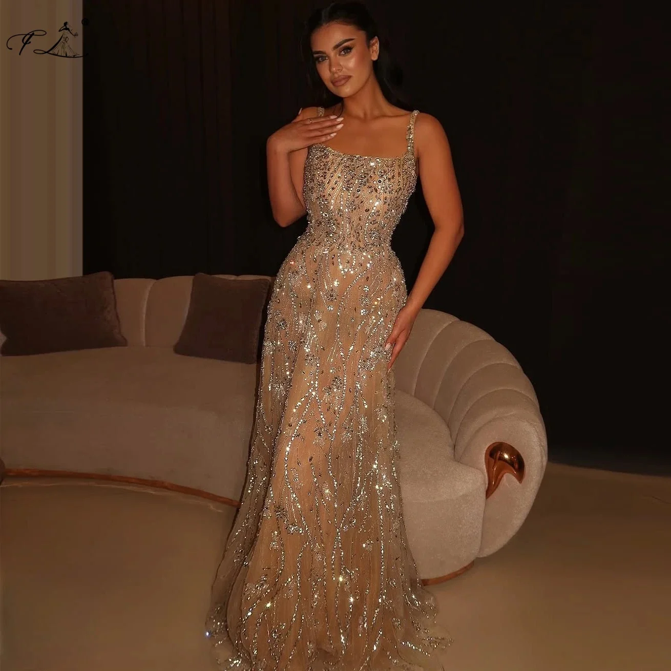 Vintage Champagner Abendkleider mit Kristall glitzernden Neckholder-Kleidern für Damen, Abschlussball-Party-Kleider, individuell gestaltet