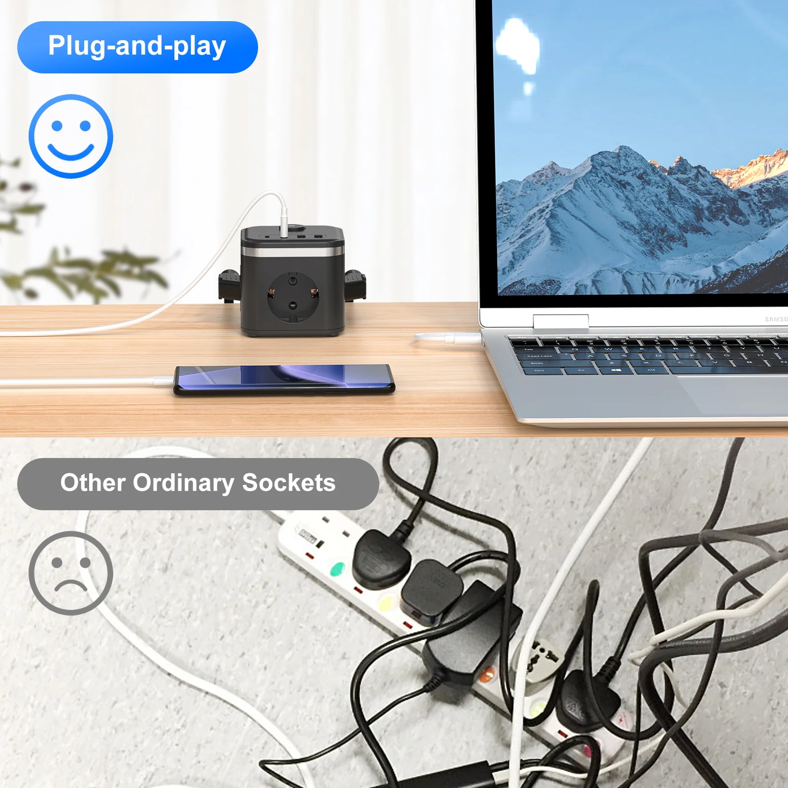 3680W EU Flat Plug Power Strip Cube z 3 gniazdami AC 2 USB 2 Type C Szybkie ładowanie Adapter gniazda ściennego, kabel 2M do domu