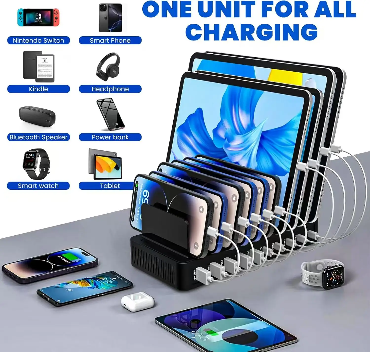 100W Multi-Functional Charger with 5 USB and 5 Type-C Ports Built-in Stand Compatible with Phone Tablet for Home Office Travel