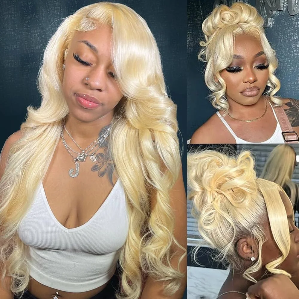 613 Blonde Body Wave Human Hair Lace Front Wig 360 Invisible Drawstring Adjustable Invisi Strap Ponytail 13x4 13x6 Transparent Lace Frontal Wig Pre Bleached Knots 5x5 Glueless Closure Wig Raw Vietnamese Human Hair Wavy  Wigs For Ladies Party Occasions