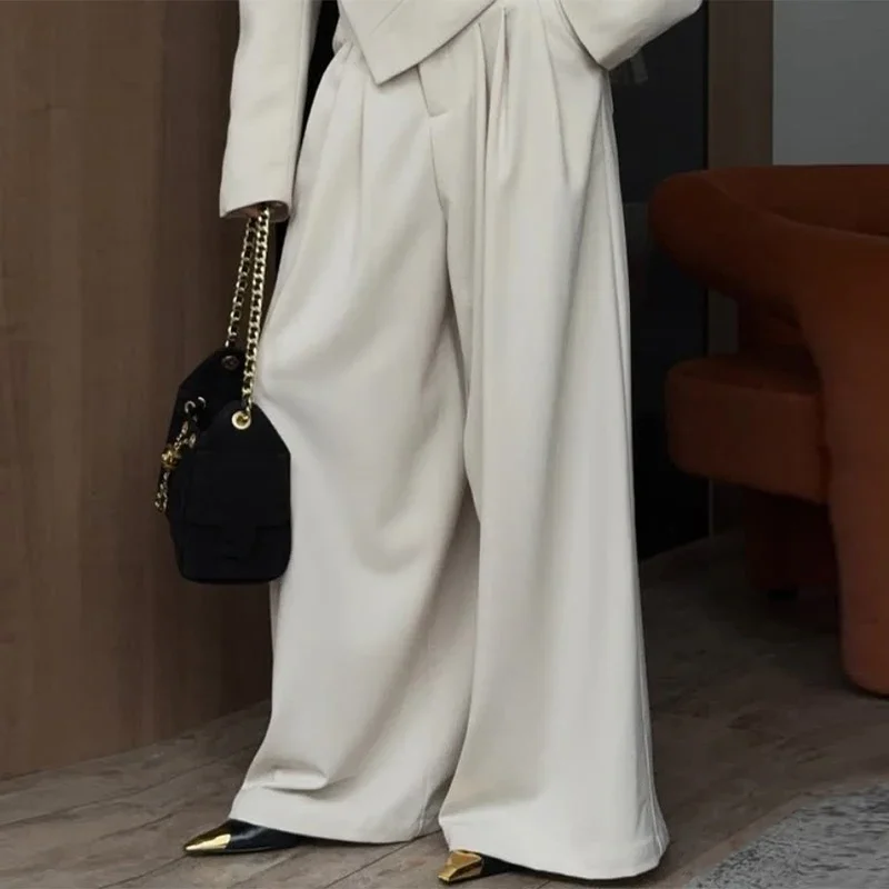 Women Solid Top Pants Set Lapel Neck Single Breasted Oversized Coats Ruff Leg Loose Pants Set Lady Spring Chic Casual Sets Wear