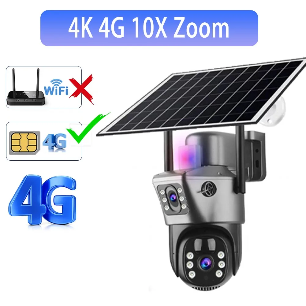 Caméra de Surveillance extérieure solaire 4G Sim 6K 12MP trois objectifs 10 Zoom numérique sans fil 