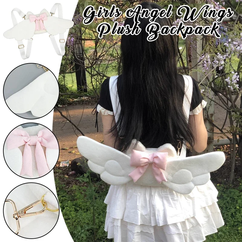 Girls Angel Wings Plush Backpack Japanese Y2K Kawaii Lolita Jk School Bag with Removable Straps for Cosplay Party Birthday Gift