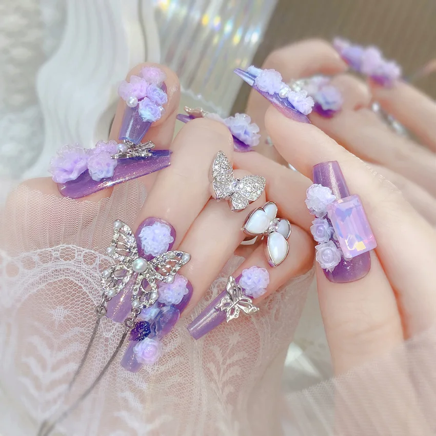 24pcs Heavy Metal False Nails Shiny Crystal Butterfly Purple Flowers Design Fake Nail Patch Long Ballet Coffin Press on Nails