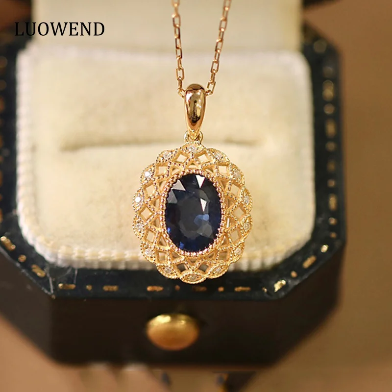 

LUOWEND 18K Yellow Gold Pendant Natural Blue Sapphire Necklace Luxury Gemstone Fine Elegant Diamond Jewelry for Women Wedding