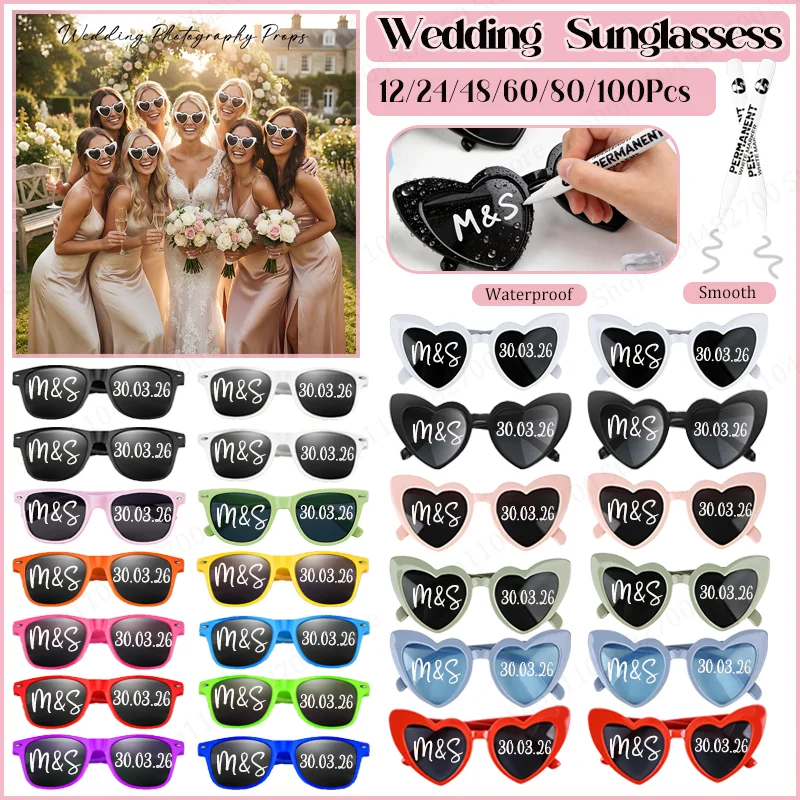 

12-100 шт. Солнцезащитные очки для свадьбы, подарок для гостей, оптом, DIY очки в форме сердца с ручкой, для девичника, дня рождения, пляжной вечеринки