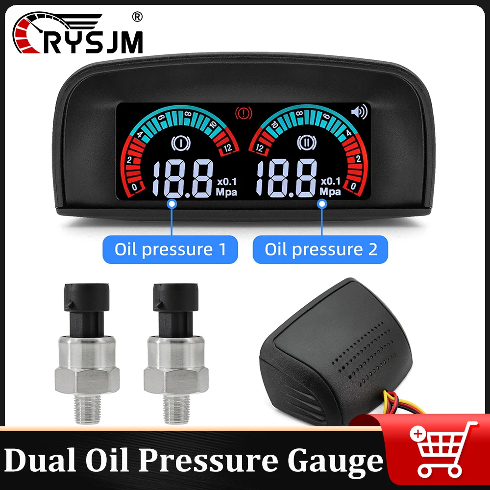 

12V Universal Auto Car Dual Oil Pressure Meter LED Gauge Kit 0-12 Mpa With Fuel Press Sensor NPT 1/8 M10 x 1.0 with Alarm Sound