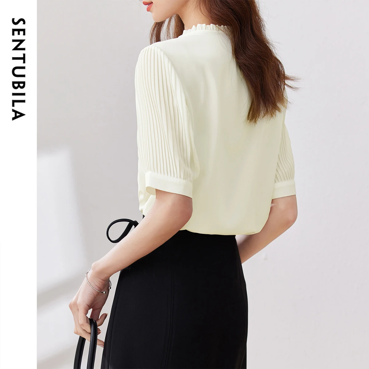 Sentubila Casual Blouse for Woman Summer New Arrival O-neck Edible Tree Fungus Short-sleeved Solid Chiffon Shirt 132V49235