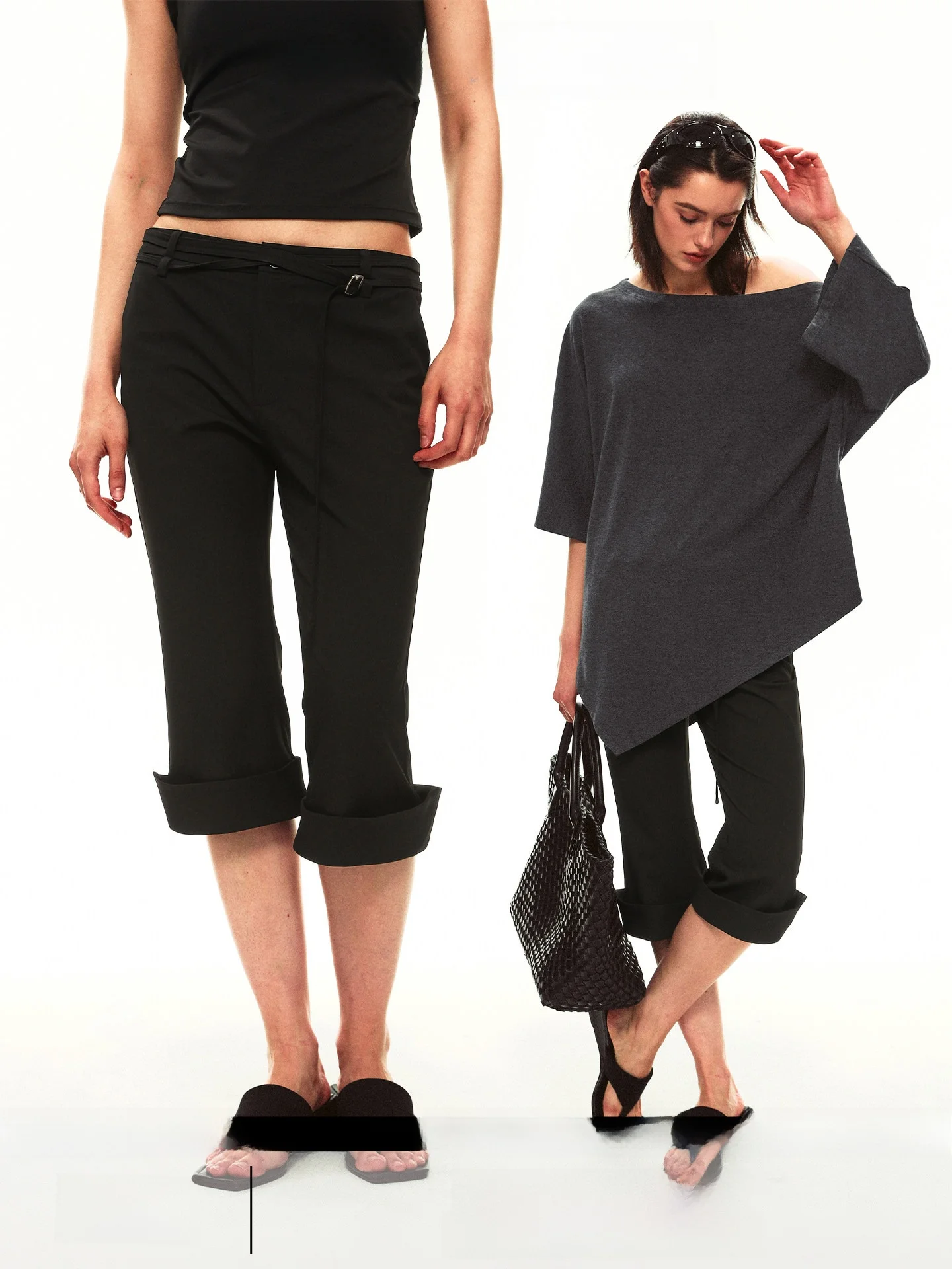 Simple Design Summer Casual Pants Women's 7/8 Length Trousers with Double Belts Cuffed Ankle Other Material 100% Natural Waist