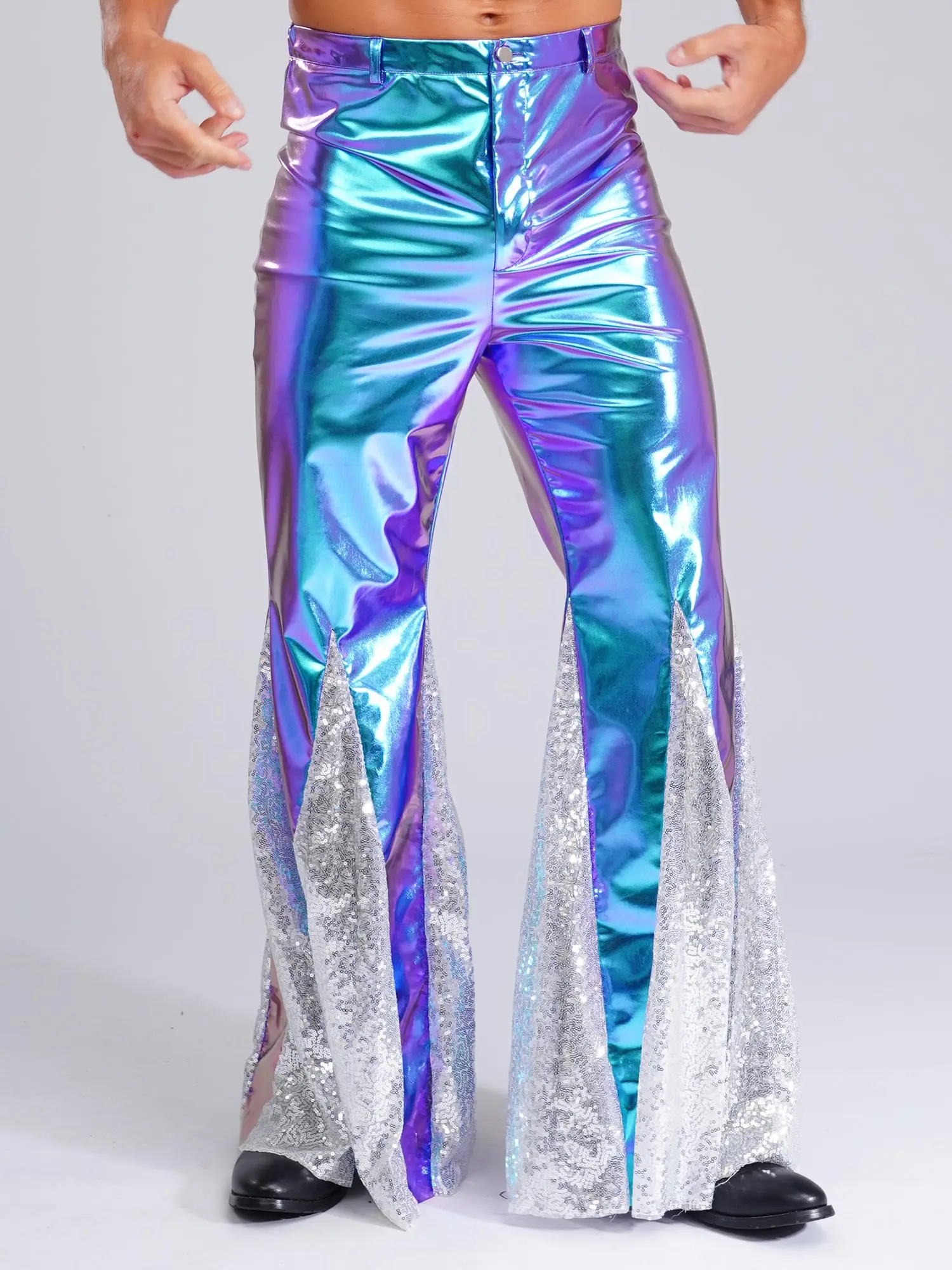 Mens Shiny Metallic 70s Disco Pants Hippie Vintage Costume Dance Party Sequins Bell Bottoms Stage Performance Flared Pants