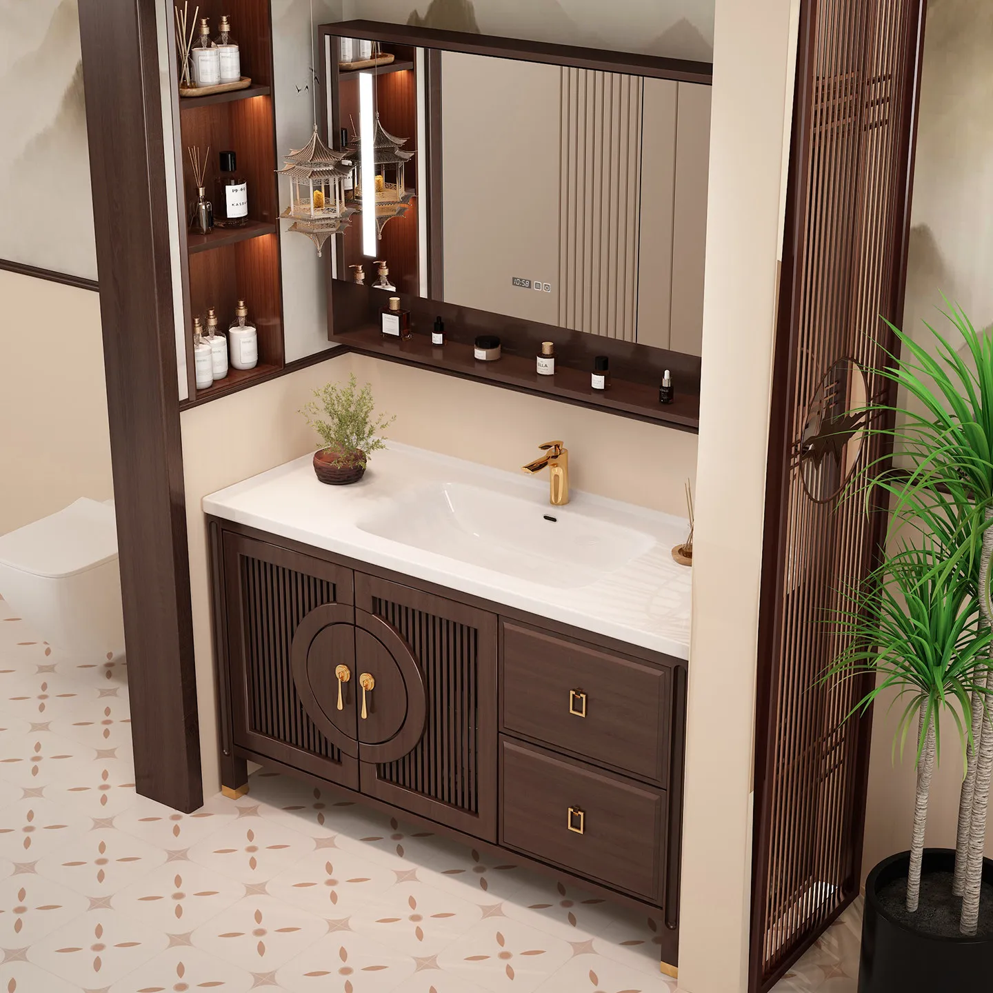 Oak floor-to-ceiling bathroom cabinet combination, solid wood bathroom washstand, integrated ceramic basin mirror cabinet