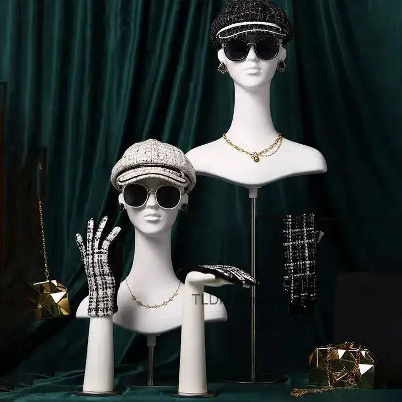 

Hand High-end White Simulation Hat Mannequins Head Props Model Head Scarf Female Glasses Jewelry Mannequins Display Rack H
