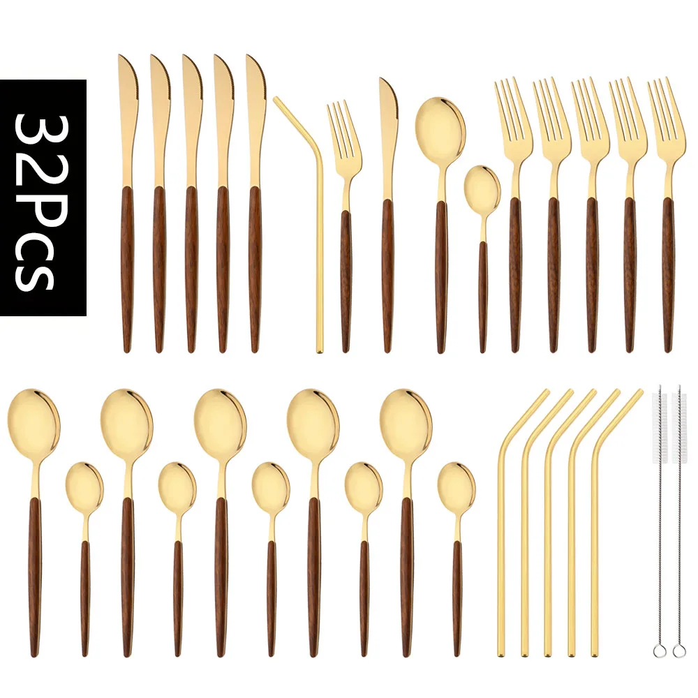 

Gold Western Stainless Steel Cutlery 24/32Pcs Dinnerware Imitation Wooden Handle Tableware Knife Spoon Fork Straw Flatware Set