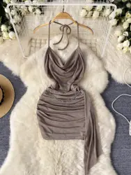 Foamlina Sexy Halter Lace Up Sleeveless Backless Mini Party Club Dress Women Fashion Solid Chain Ribbons Ruched Wrap Hip Dress