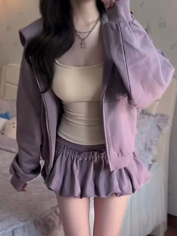 

Purple Blossom Half-length Skirt And Jacket Two-piece Set Gentle Style Comfortable Fashion Women's Autumn Collection