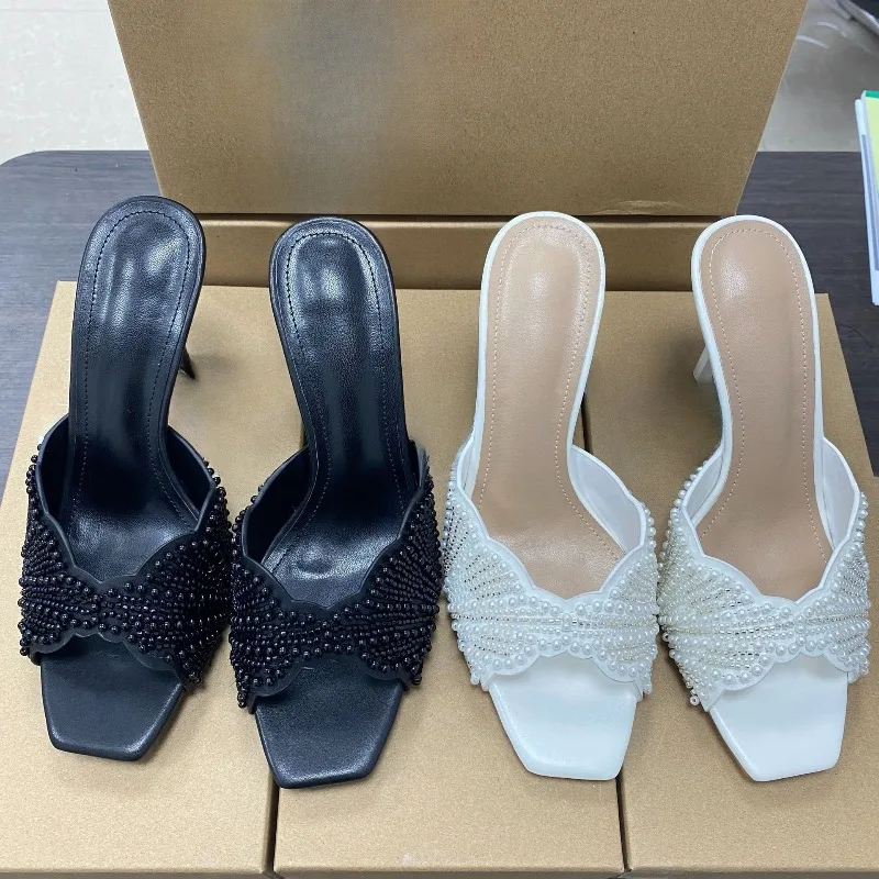 Elegant Summer High Heels Women Mules Sandals Open Toe Pearl Beaded Female Stilettos Slip on Evening Party Wedding Dress Shoes image 5