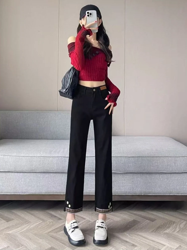 Women's Vintage Slim Straight Jeans Petite Ankle Length Stretchy Denim Trousers With Embroidery For Spring Autumn