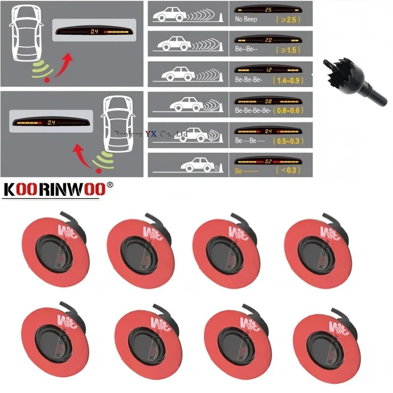 Parktronics Car Sensors 8 Koorinwoo 16.5mm Flat With Display For Distance Buzzer 12v Front + Back Parking Probes Car Accossories