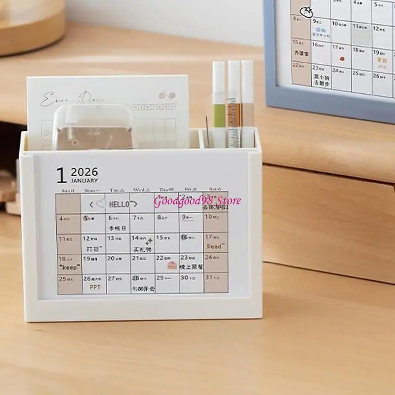 Plastic Pen Organiser and 2026 Desk Calendar Set Two Storage Compartments for Office Decoration and Daily Scheduling 