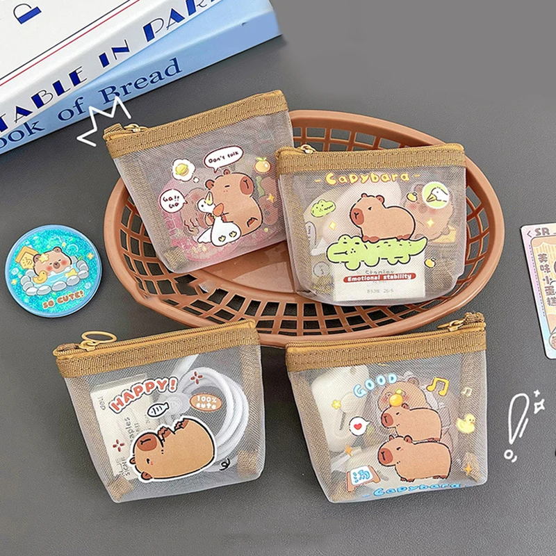 Cute Capybara Coin Storage Bag Transparent Mesh Coin Purses Cartoon Lovely Wallet Portable Waterproof Clear Zipper Bags Gifts