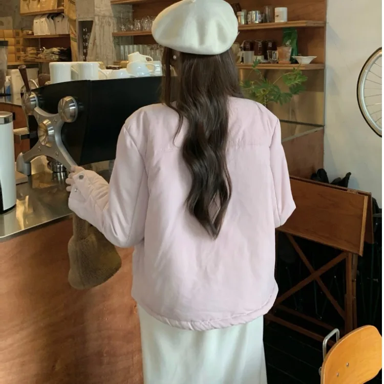 Women's Cotton Jaet Autumn Winter Korean Sle Chic Versatile Sweet Fre College Sle round Ne Dstring Top