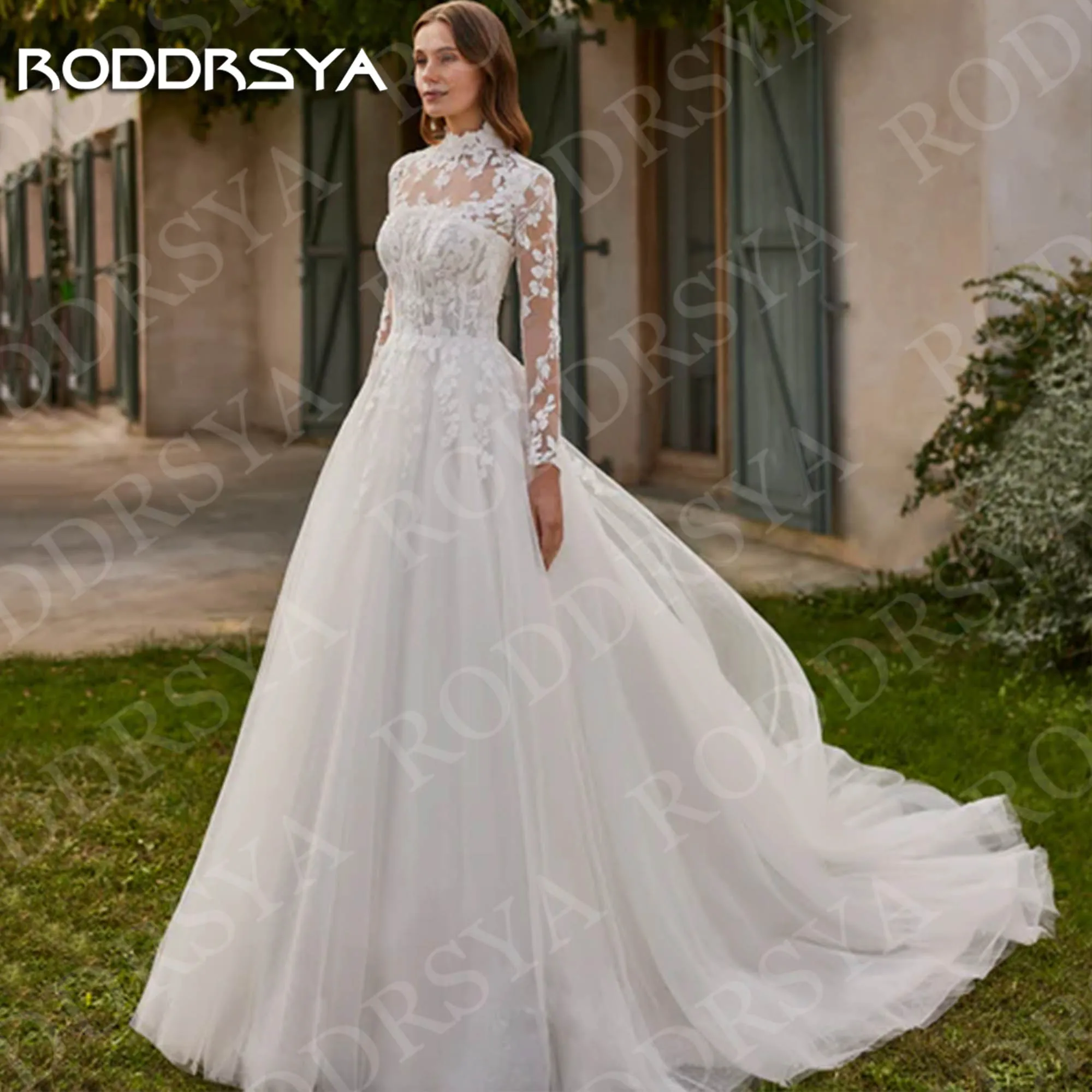 Suknia ślubna RODDRSYA z koronkowym wysokim dekoltem elegancka księżniczka tiulowa z długimi rękawami suknie ślubne szyte na miarę Sukienka ślubna z koronką o wysokiej szyi Księżniczka Eleganckie sukienki ślubne z tyle