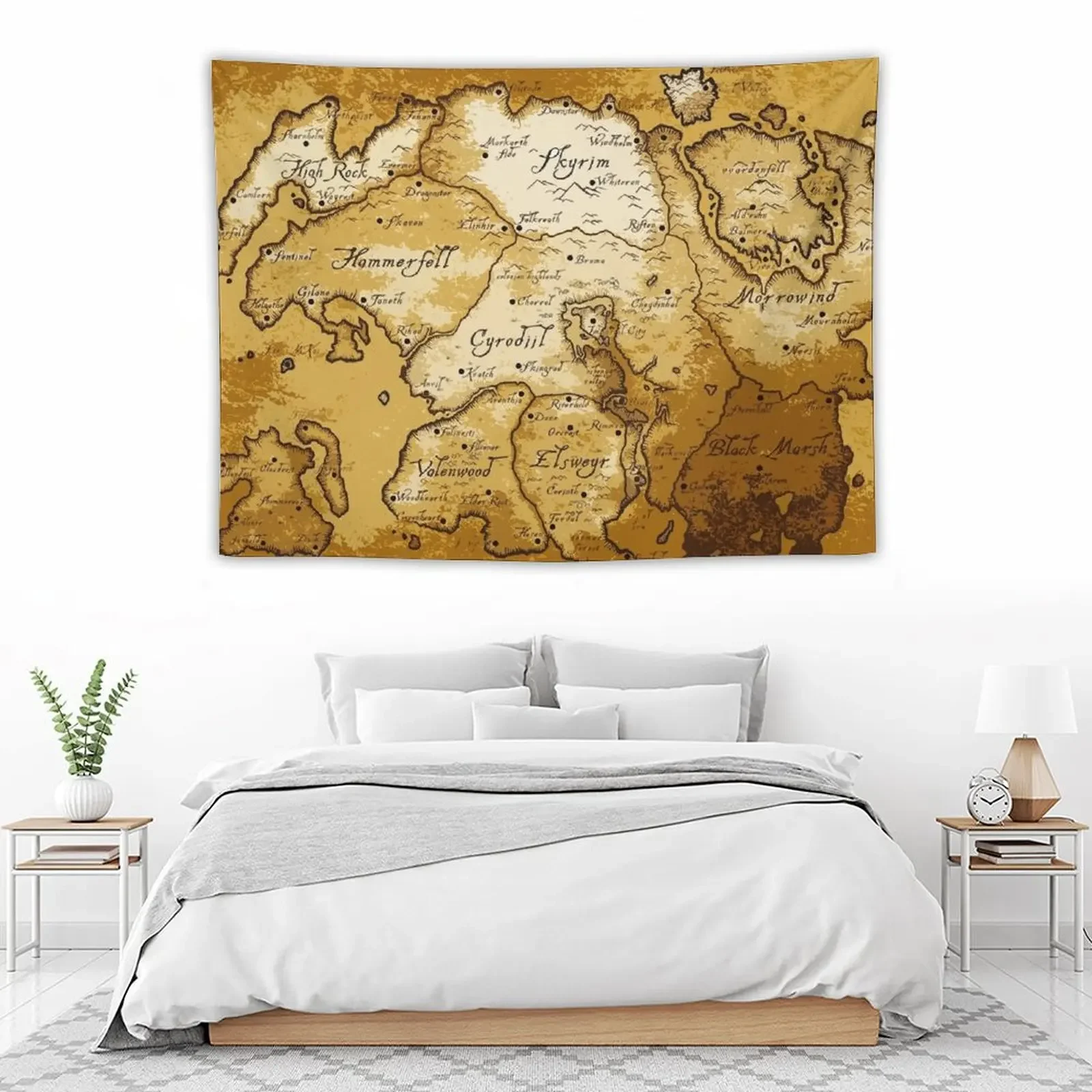 Aged Scrolls Fantasy Map Vector Minimalist Ancient RPG DnD Tamriel Elder ESO Online Summerset Tapestry Wall Mural Tapestry